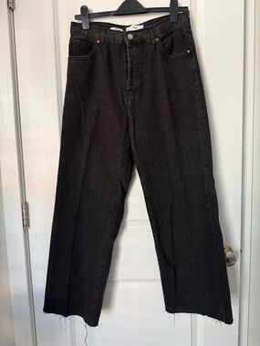 Mango Black Wide-Leg Raw Hem Jeans